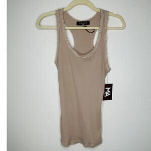 NWT Dis Moi Tan Rib Knit Racer Back Lace Edging Tank Top